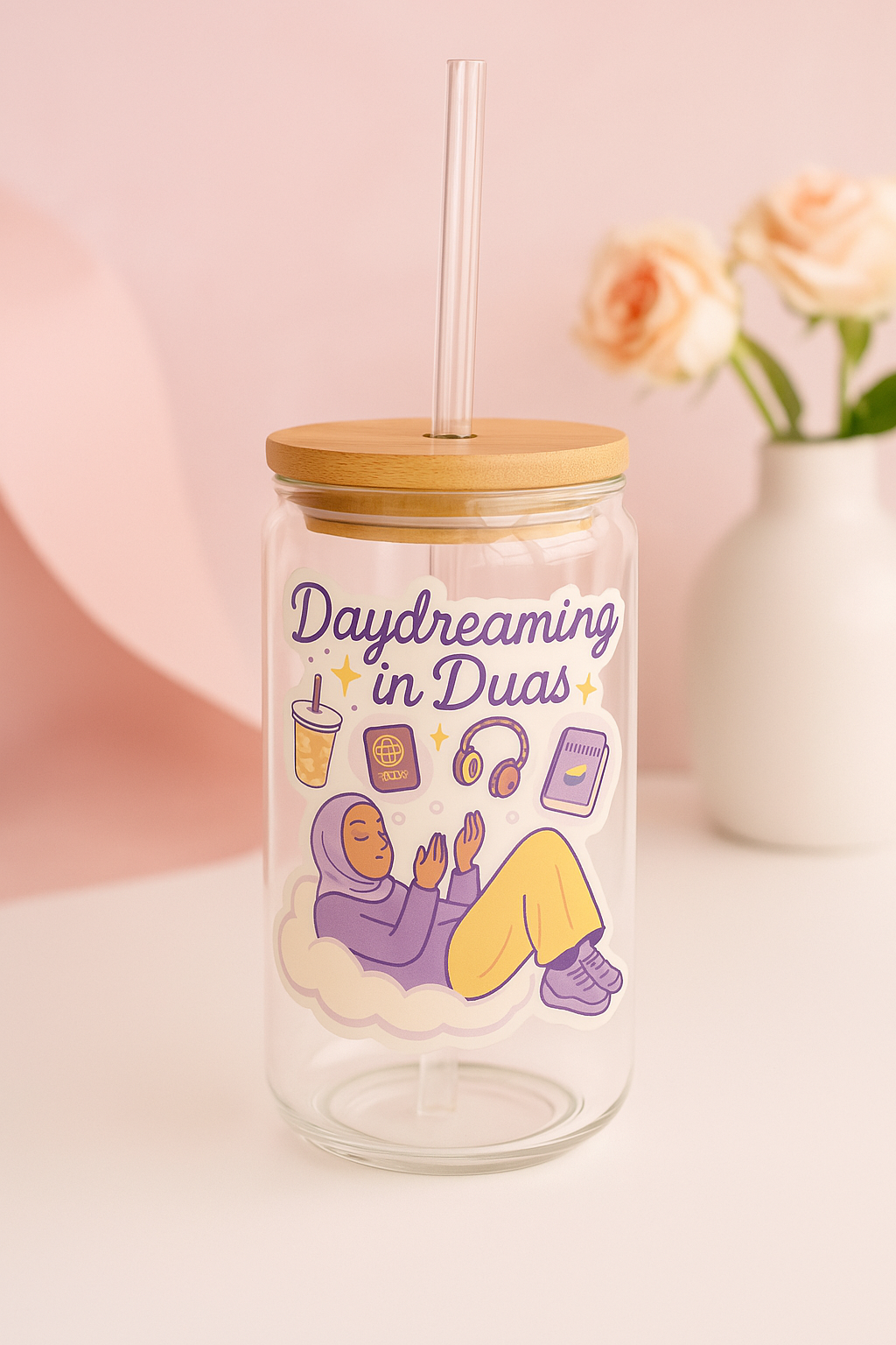 Clouded with Duas | 16oz Glass Tumbler | With Bamboo Lid & Straw