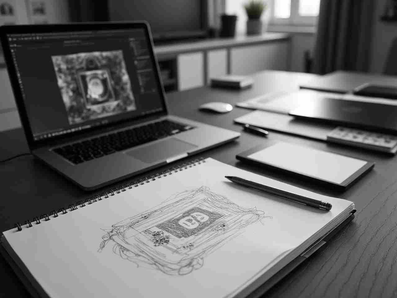 Laptop mit Grafikentwurf und Skizzenbuch mit Zeichnung auf einem Schreibtisch, Motiv zum Thema Gründung ab 45