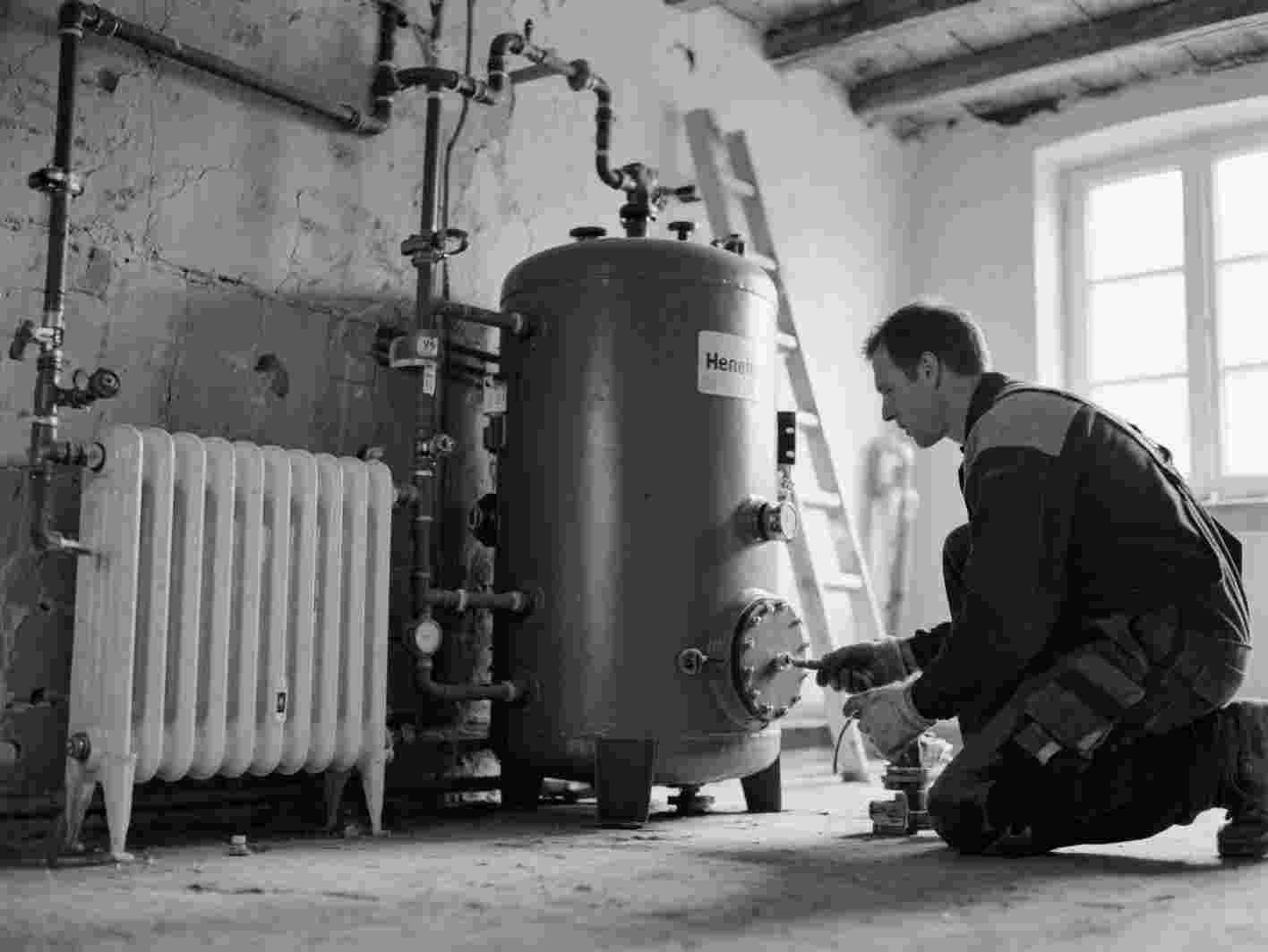 Heizungsbauer kniet an einem Heizkessel und arbeitet an den Leitungen im Keller, Motiv zum Thema Handwerker mit Meisterbrief