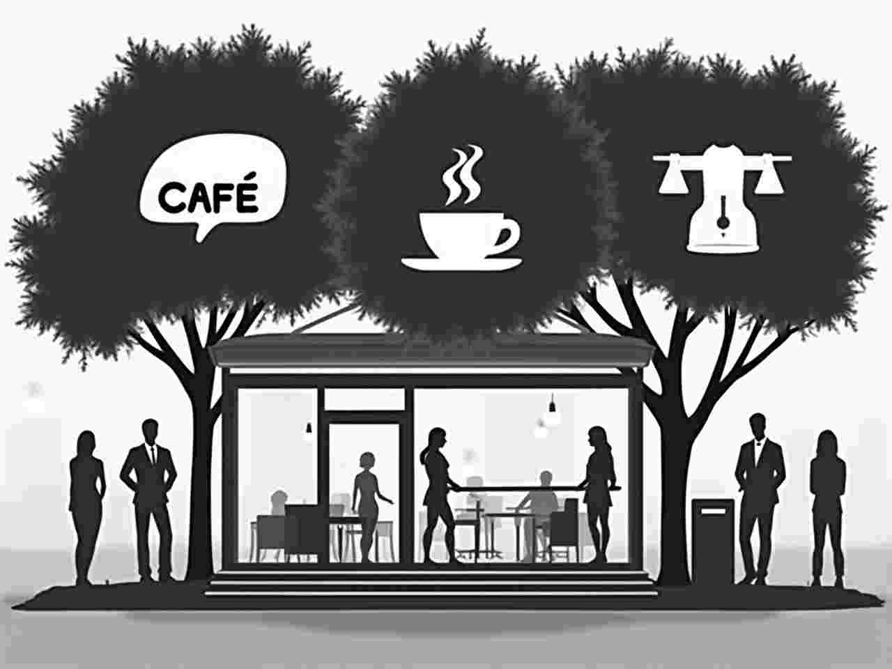 Gezeichneter Pavillon mit Café-Schild unter Bäumen, davor Menschen als Silhouetten