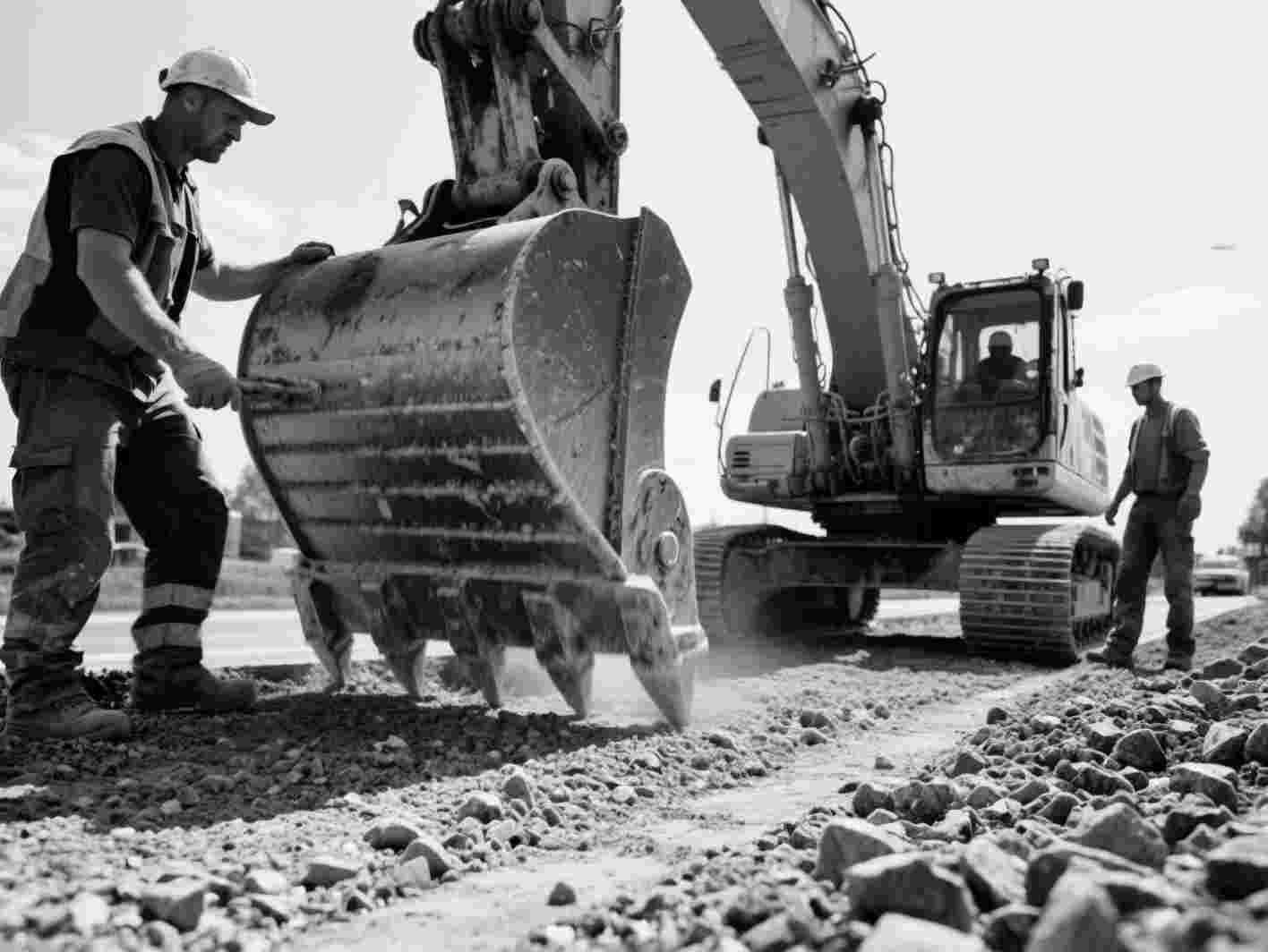 Bauarbeiter steht neben der Schaufel eines Baggers, der auf einer Baustelle Erde bewegt