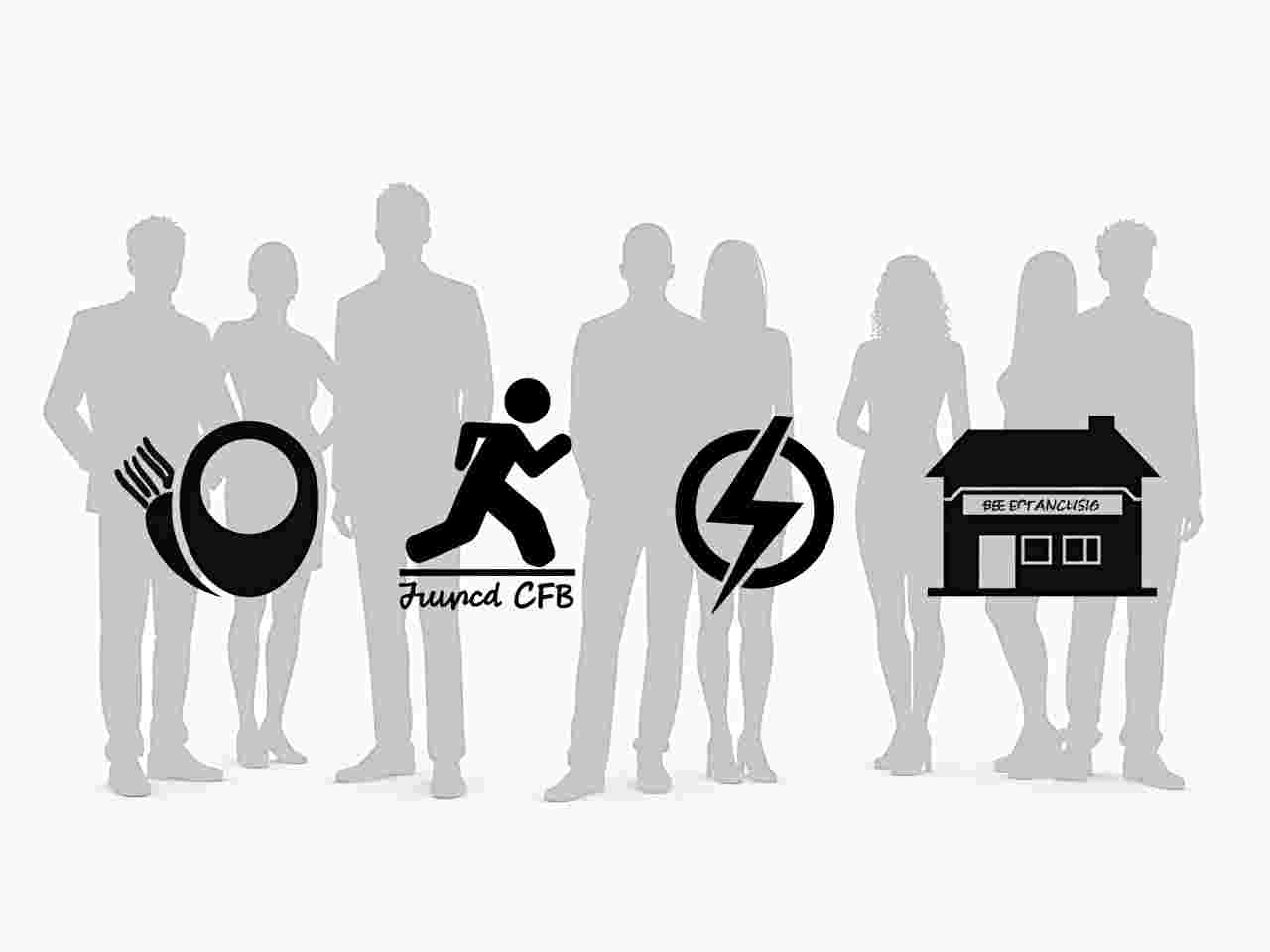 Silhouetten von Menschen hinter Symbolen für Gastronomie, Fitness und Laden, Motiv zum Thema Franchise-Gründer