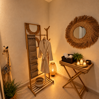 Zona de Masajes Malai con albornoz en perchero de madera, espejo de fibras naturales y mesa con toallas y velas.