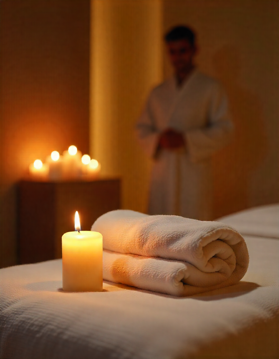 Sala elegante de Masajes Malai en Madrid con camilla preparada, toallas blancas, luz cálida y ambiente íntimo y sofisticado.