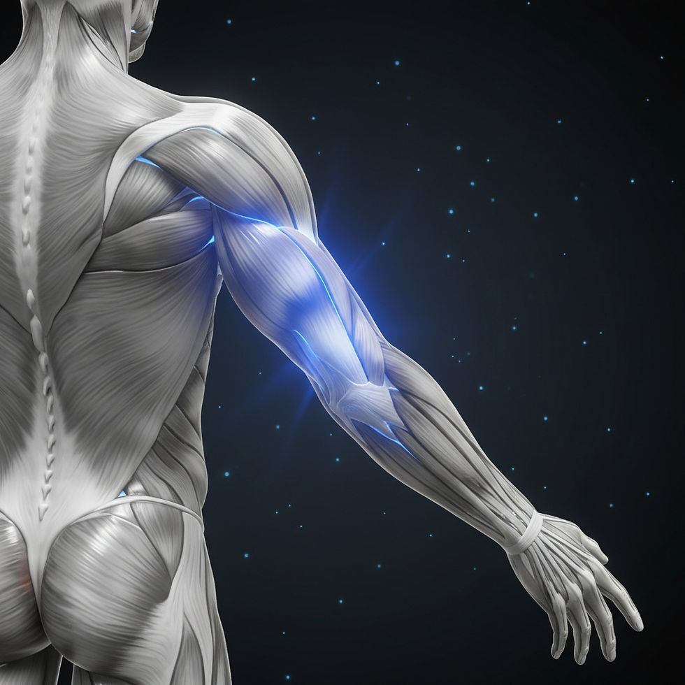 A anatomical image that highlights the Triceps, which is a key muscle discussed in this post, The best exercises for bigger and stronger arms.