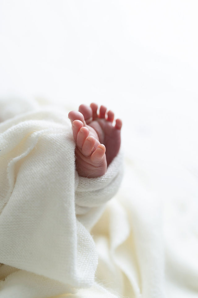Tiny newborn baby toes peeking out from a white blanket, taken by the best Sacramento maternity and newborn photographer.