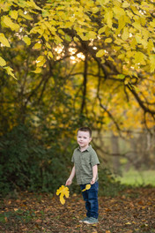 Family of four posing together during a fall family photography session surrounded by golden trees at the Iris Farm in Loomis, California.