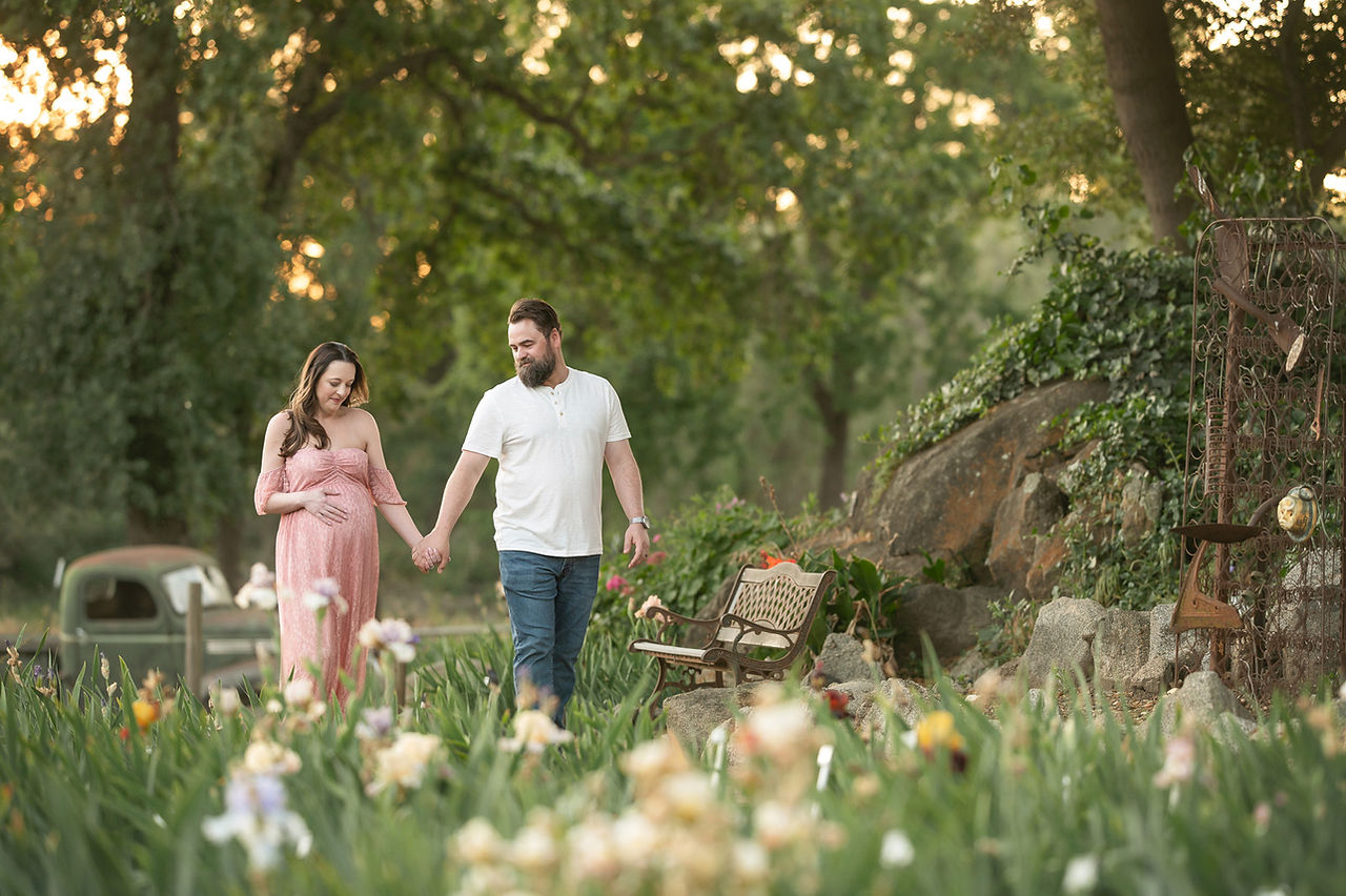 Twin pregnancy maternity session at peak bloom at the iris flower farm with the best Sacramento maternity photographer.