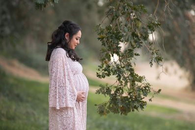 A beautiful maternity photography session taken by the best Sacramento maternity photographer, featuring a glowing mother-to-be in stunning settings. The images showcase a mix of posed and candid moments with her family, including her partner and children, set against rustic barns, lush greenery, and serene sunset backdrops. The session highlights elegant maternity gowns in shades of blue and pink, capturing the joy, love, and anticipation of this special time.
