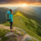 Woman backpacking to can see her profile looking down over green mountain landscape photo