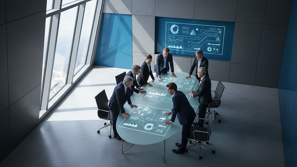 High angle view of a conference room with business professionals discussing strategy