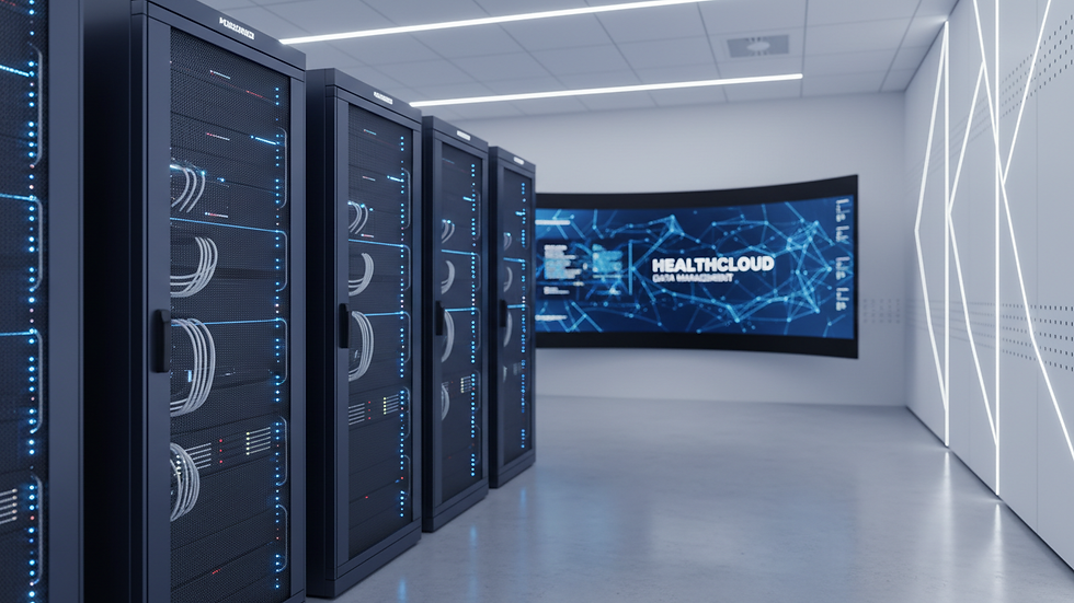 Close-up view of hospital server room with cloud computing equipment