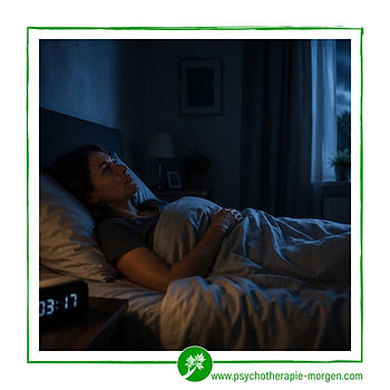 Frau liegt nachts wach im Bett und blickt gedankenverloren zur Decke – Symbolbild für Schlafstörungen und psychische Belastung