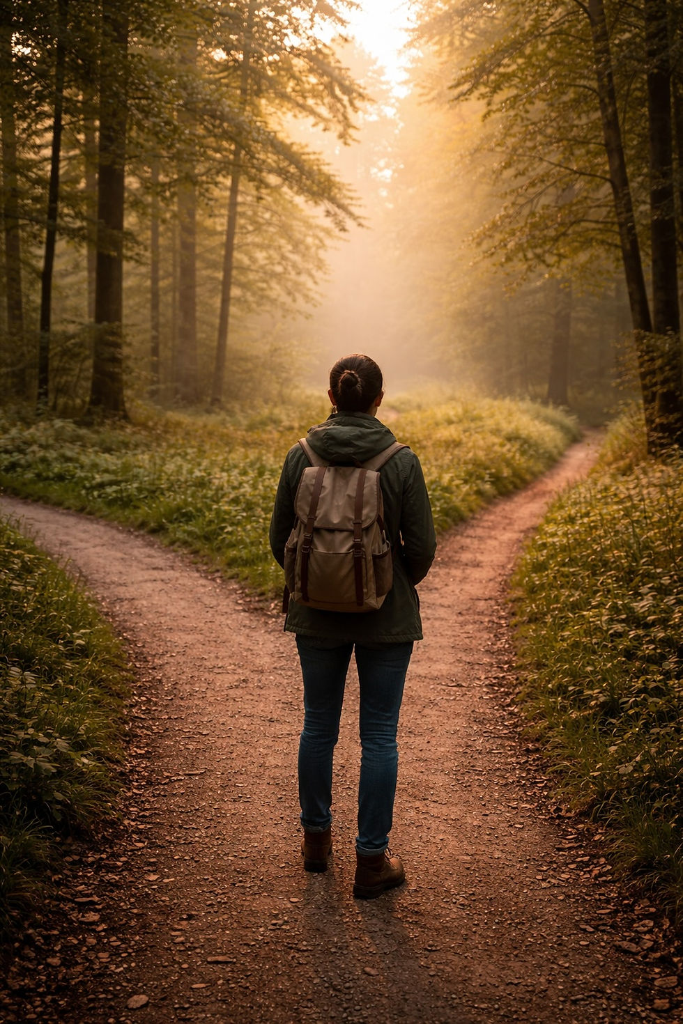 Person steht an einer Weggabelung im Nebel und muss sich entscheiden – symbolisch für Angst vor Veränderung und den ersten Schritt ins Unbekannte.