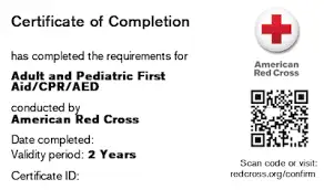 American Red Cross certificate: Adult and Pediatric First Aid/CPR/AED training. Valid 2 years.