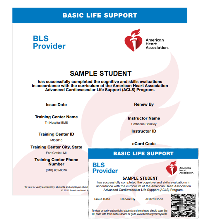 BLS Provider card and certificate Basic Life Support. American Heart Association training program.
