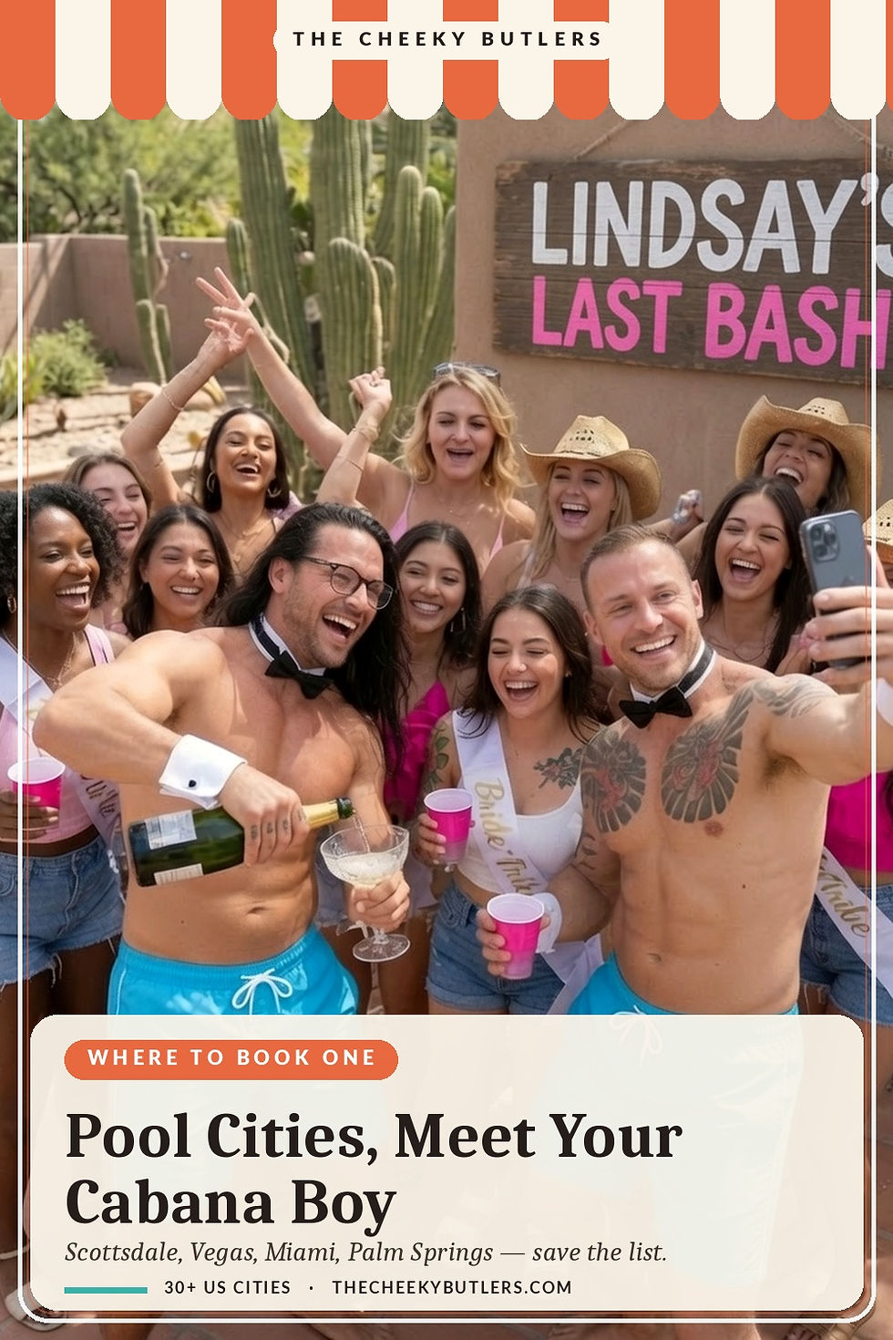 Cabana boys with a bachelorette party group — hire a cabana boy for your pool day