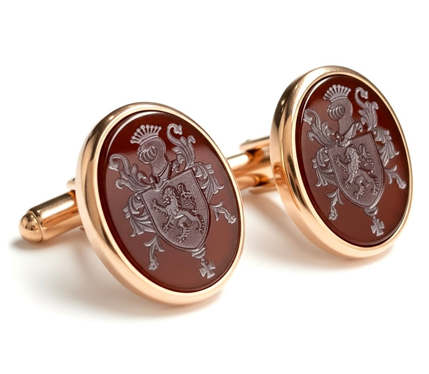 Abotoaduras em prata rosa 925 e cornalina gravada.