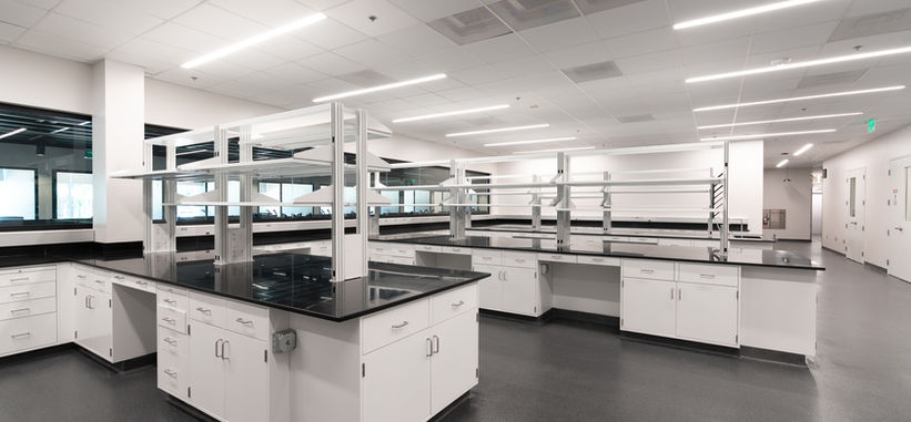 Modern laboratory with counters, cabinets, and equipment for research operations.