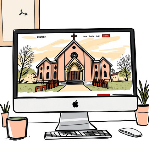 An illustrated church website on a computer screen.