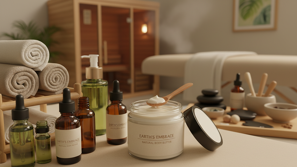 Close-up view of a jar of natural body moisturizer with a wooden spoon