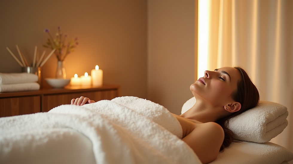 Eye-level view of a serene spa treatment room with soft lighting