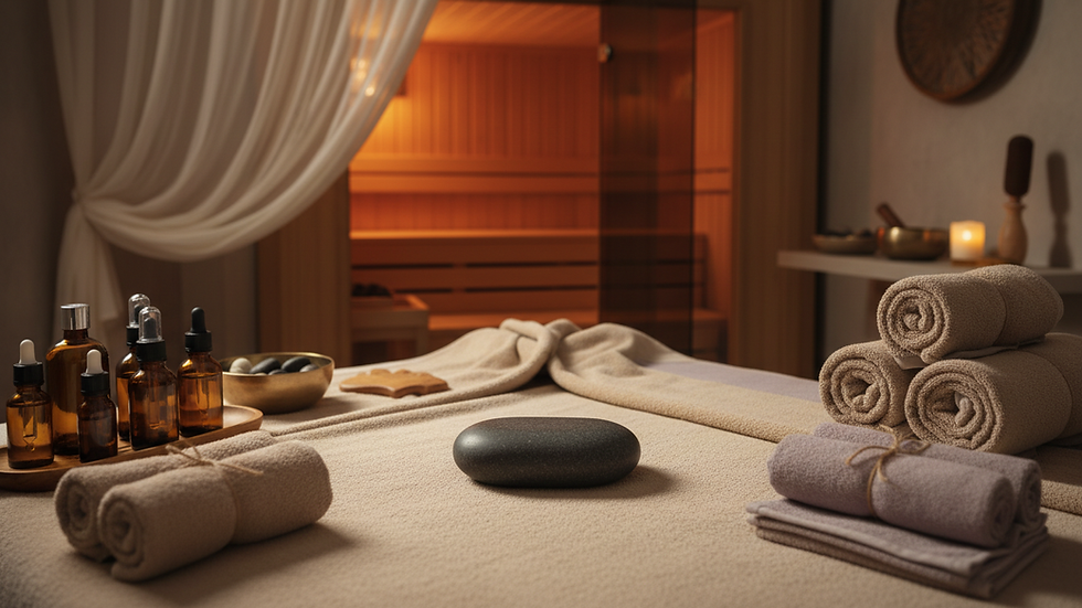 Eye-level view of a smooth basalt stone placed on a massage table with soft towels