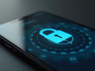 Close-up view of a modern smartphone with a security lock icon on the screen