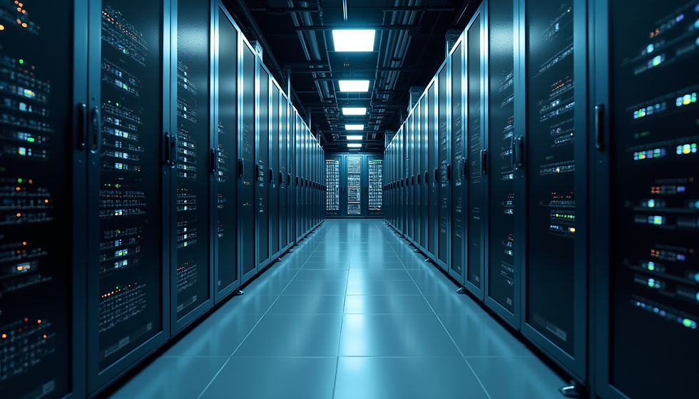 Close-up view of a server room with blinking lights
