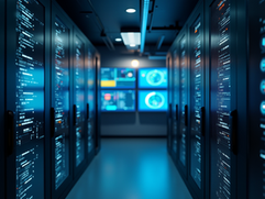 Eye-level view of a server room with AI-powered monitoring screens
