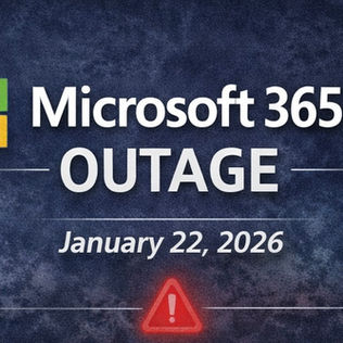 microsoft 365 outage in lettering with date above a red warning triangle