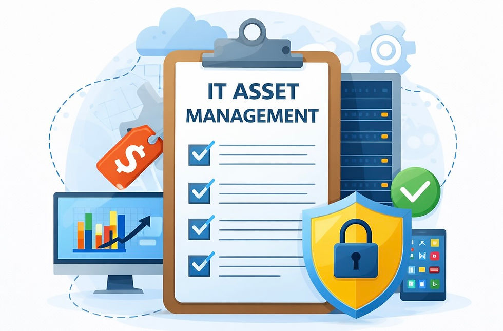 IT asset management written on a clipboard with other icons indication ITAM services