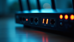 Close-up view of a modern router with LED indicators