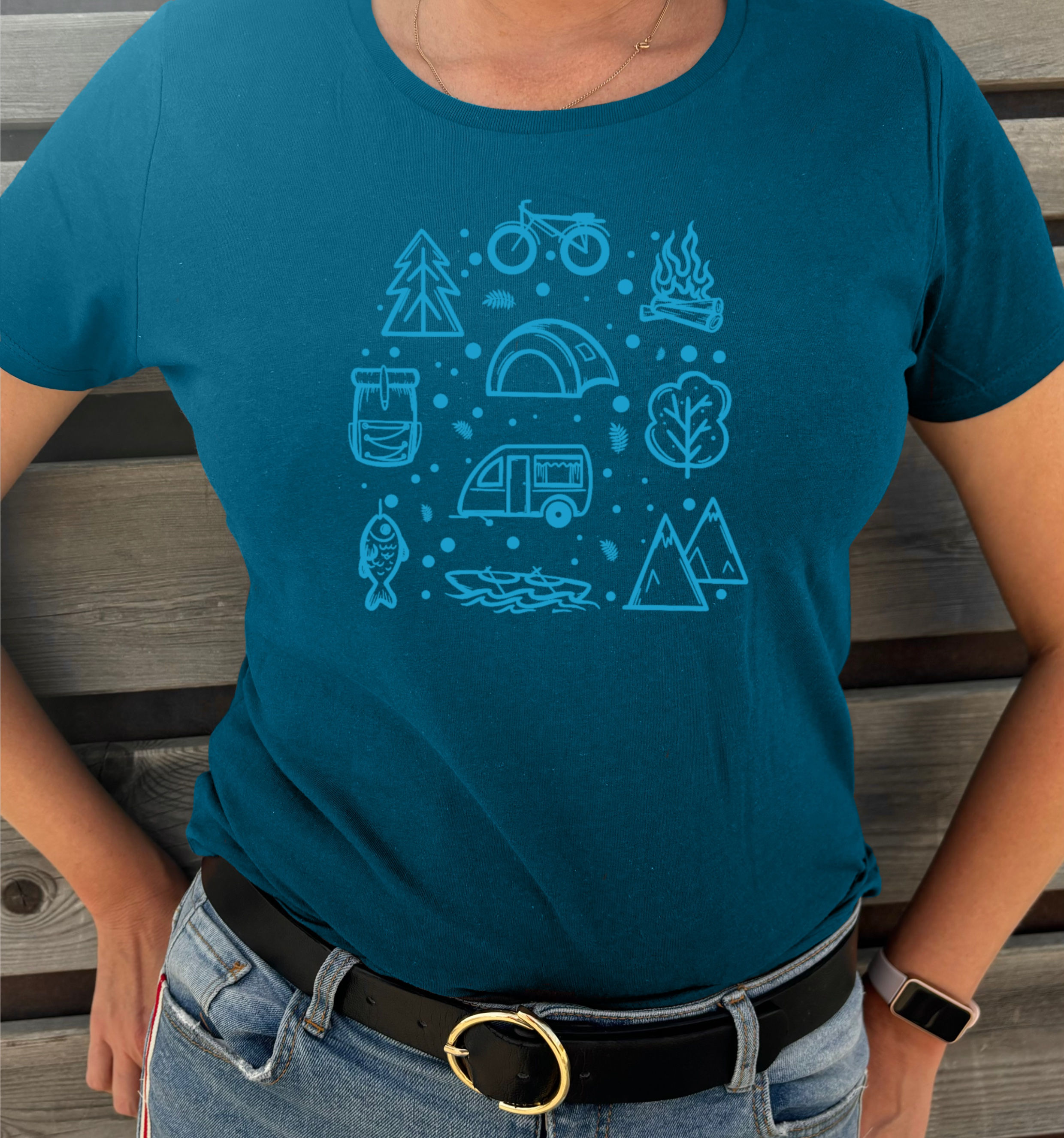 Damen T-Shirt Camping in Teal