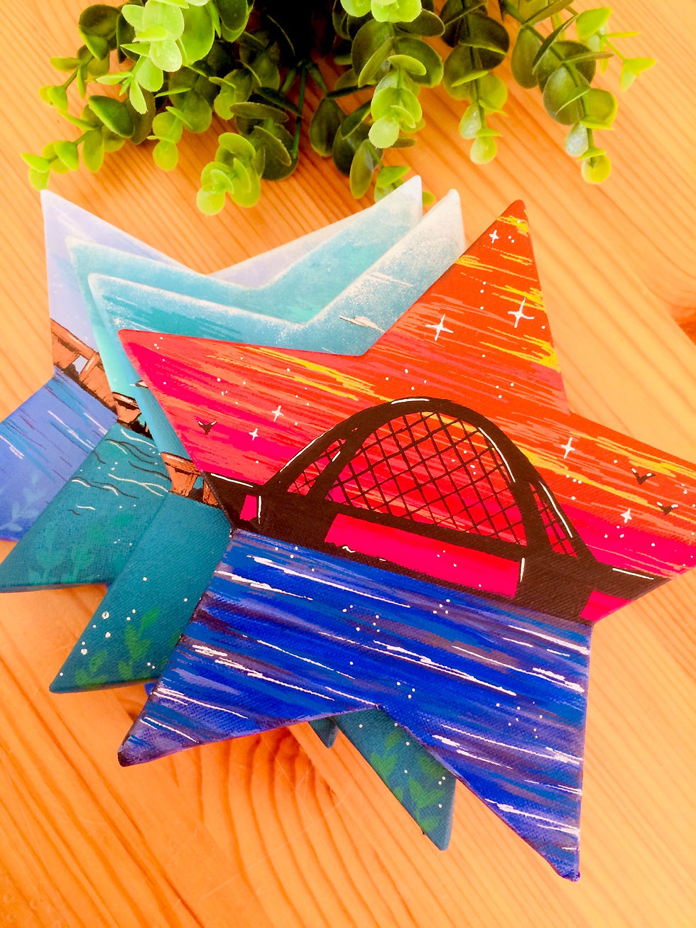 Miniaturbild: Fehmarnsundbrücke Sonnenuntergang Meer Sterne Pink Gelb Blau Schwarz Weiß Originalgemälde, Acryl Sternformleinwand Handgemalt