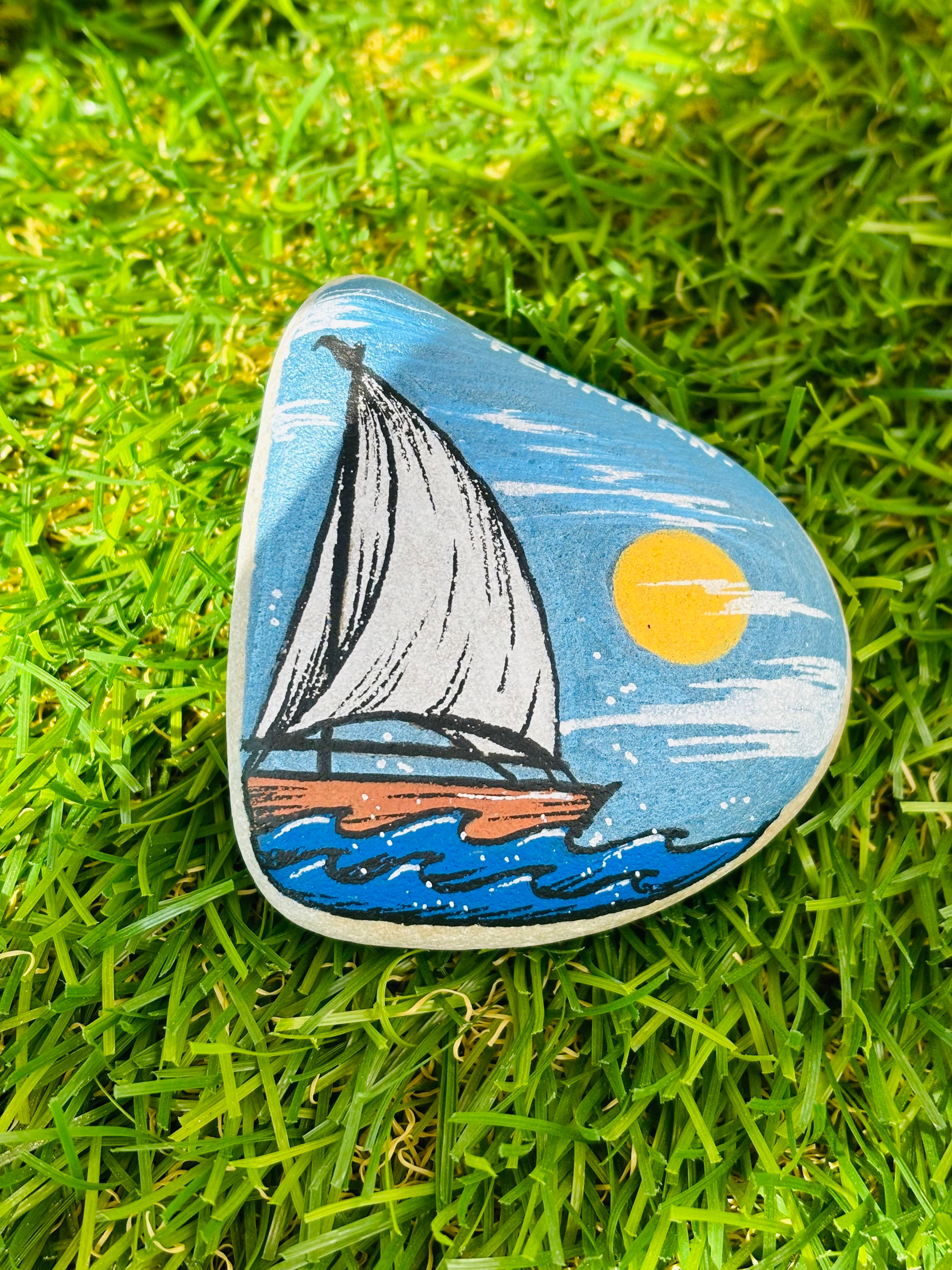 Fehmarn Stone Handgemalter Stein Strand und Segelboote