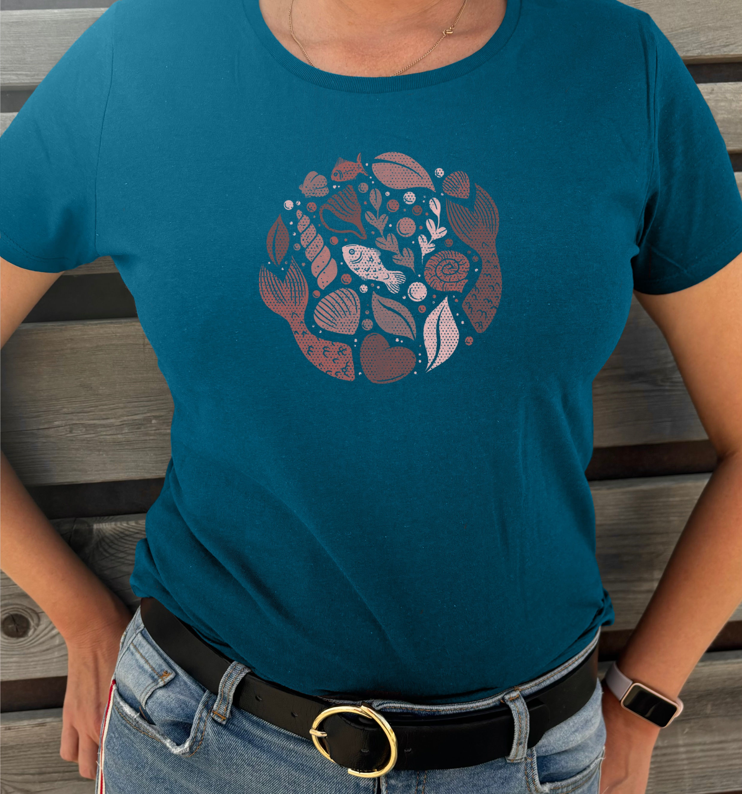 Damen T-Shirt Fische in Teal