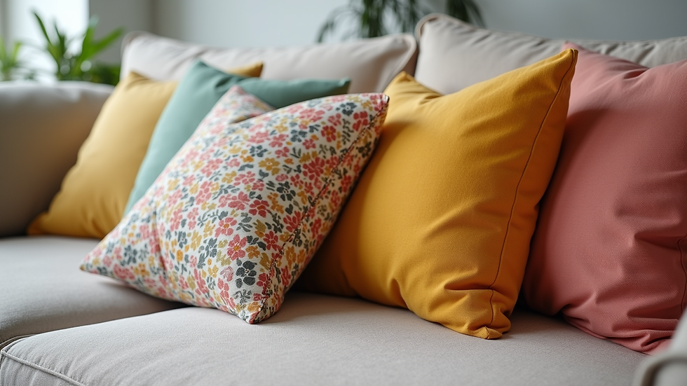 Close-up view of colorful cushions on a neutral sofa