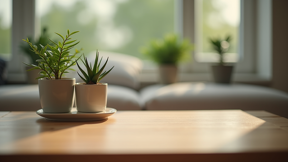Eye-level view of wooden coffee table with potted plants