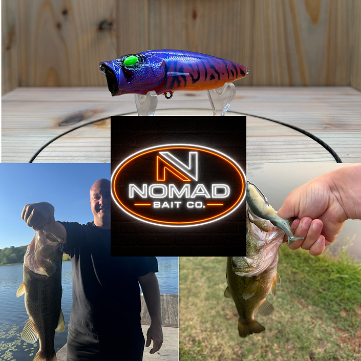 Collage featuring handcrafted fishing tackle by Nomad Bait Company, including custom-painted hard baits, hand-poured soft plastic swimbaits and minnows, and photos of bass caught on their lures surrounding the Nomad Bait Company logo. The image showcases premium custom crankbaits, topwater baits, and realistic soft plastics designed for bass anglers seeking unique, handcrafted fishing tackle.