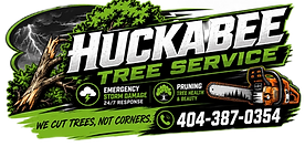 Huckabee Tree Service logo featuring tree care, pruning, and 24/7 emergency storm damage services.