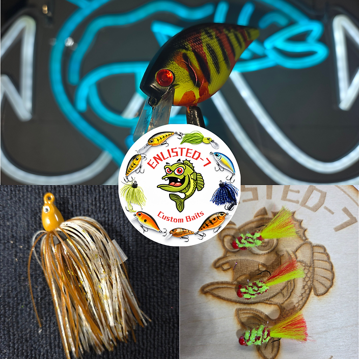 Custom soft plastics, unique lizard baits, bladed swim jigs, and custom painted hard baits from Enlisted Seven tackle maker