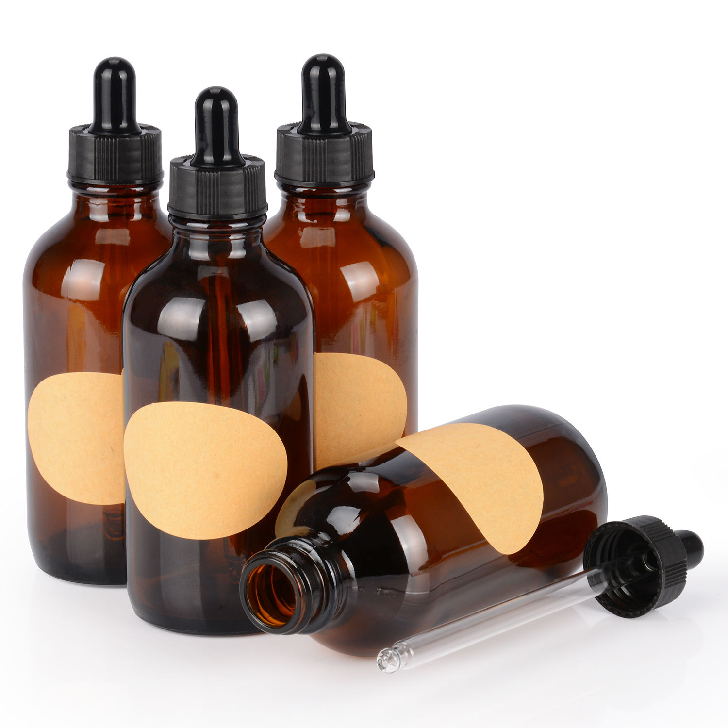 4-Pack 120ml Amber Dropper Bottle, Glass Dropper w/ Inner Plug and Label