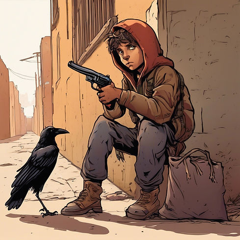 A homeless boy in an alley with a hand gun and a crow.jpg