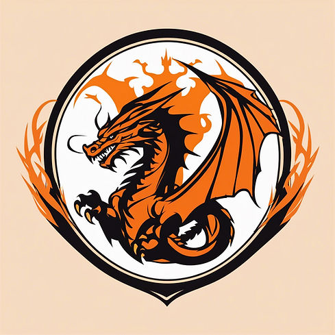 sports logo solid black silhouette of a heraldic dragon rampant solid orange background.j
