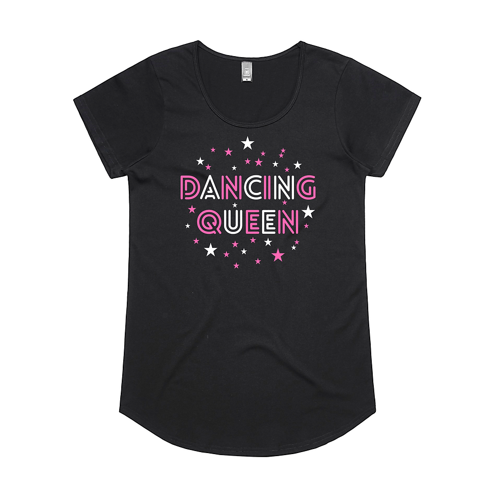 Thumbnail: A black tee featuring the NSD "Dancing Queen" design, in the NSD font, in pink and white