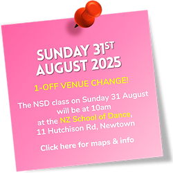 Sunday 31 August 2025, class will be 10am at NZ School of Dance. Click link for venue info.