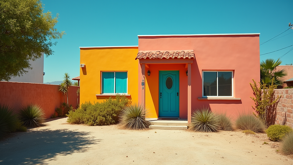 Wide angle view of a freshly painted house with vibrant colors