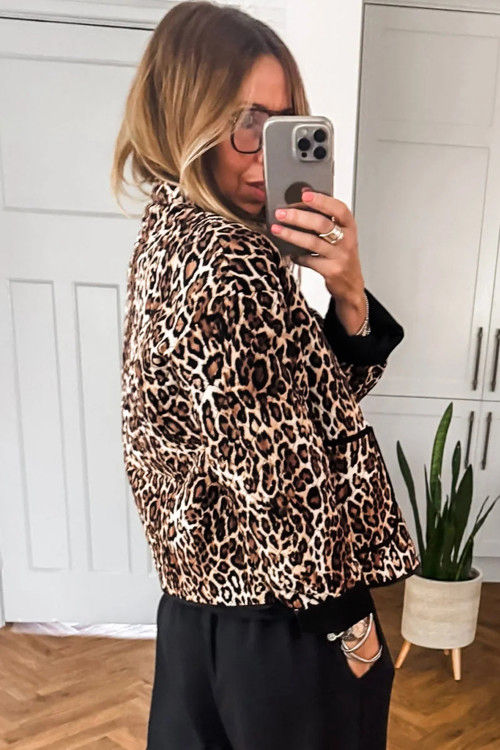 Thumbnail: Brown Leopard Print Quilted Button Front Patch Pockets Jacket