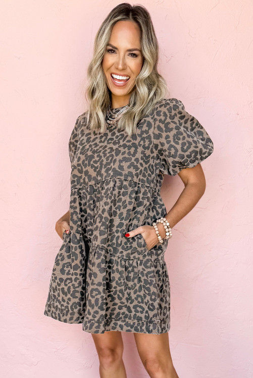 Thumbnail: Brown Denim Leopard Printed Short Puff Sleeve Mini Dress